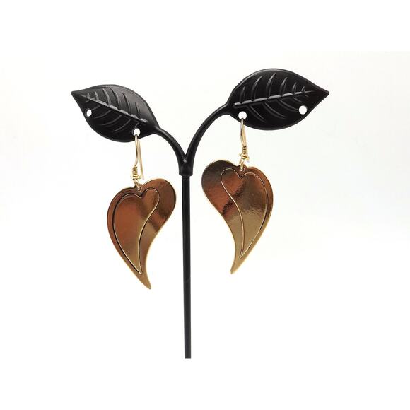 Laurel Burch Large Heart Earrings, Gold Plated, 1980s Vintage Jewelry - Picture 3 of 10